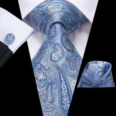 3delige set stropdas manchetknopen pochet zilver grijs blauw Paisley